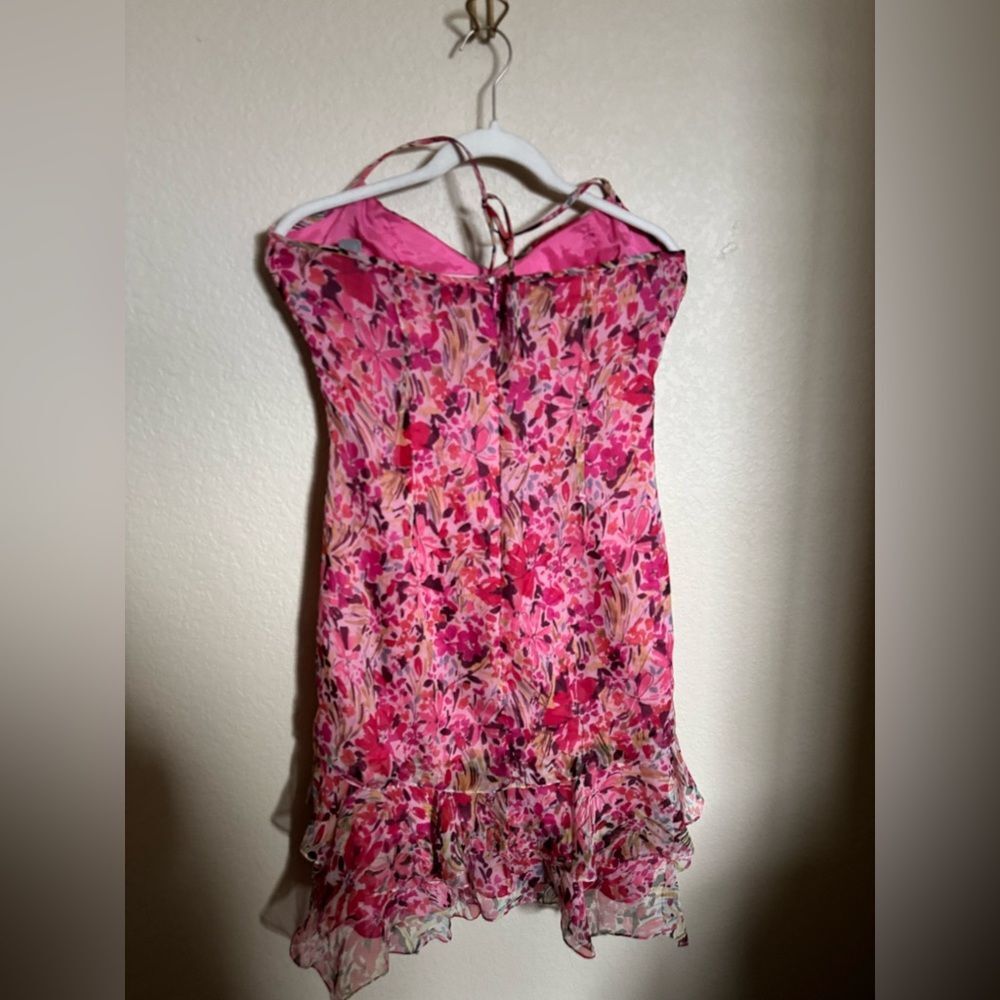 Vintage Y2K Muse Asymmetrical Draped Floral Silk Halter Midi Dress Sz 6 Pink - Picture 5 of 7